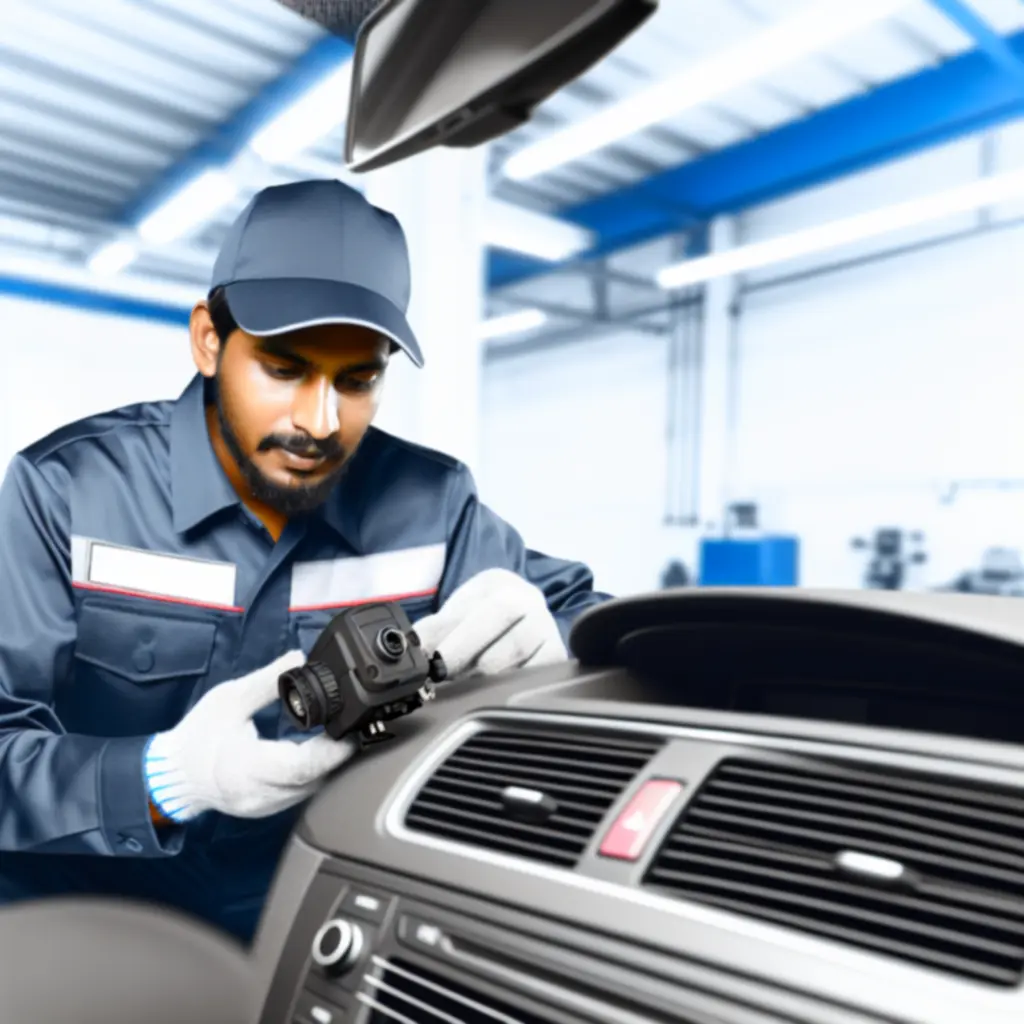 Monteur installeert professioneel een auto-accessoire in het dashboard