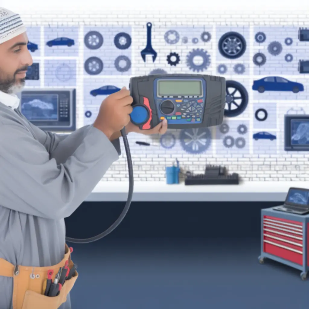 Technicus met geavanceerde uitleesapparatuur aan een werkbank voor auto-elektronica.